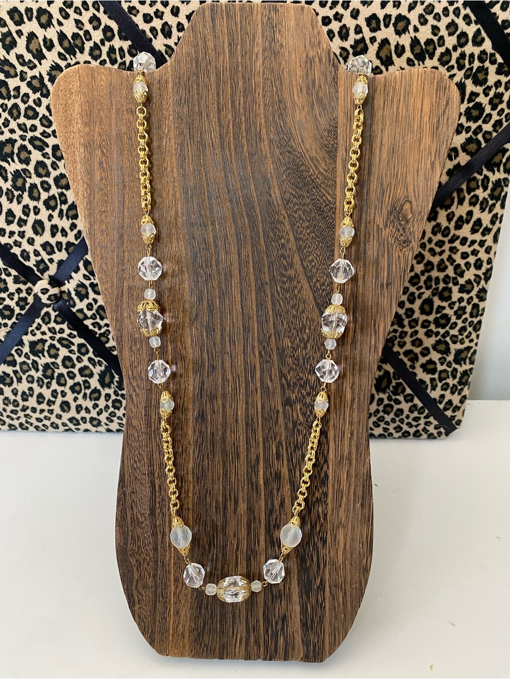 Gold Tone Vintage Crystal & Frosted Glass Beaded Long Statement Necklace